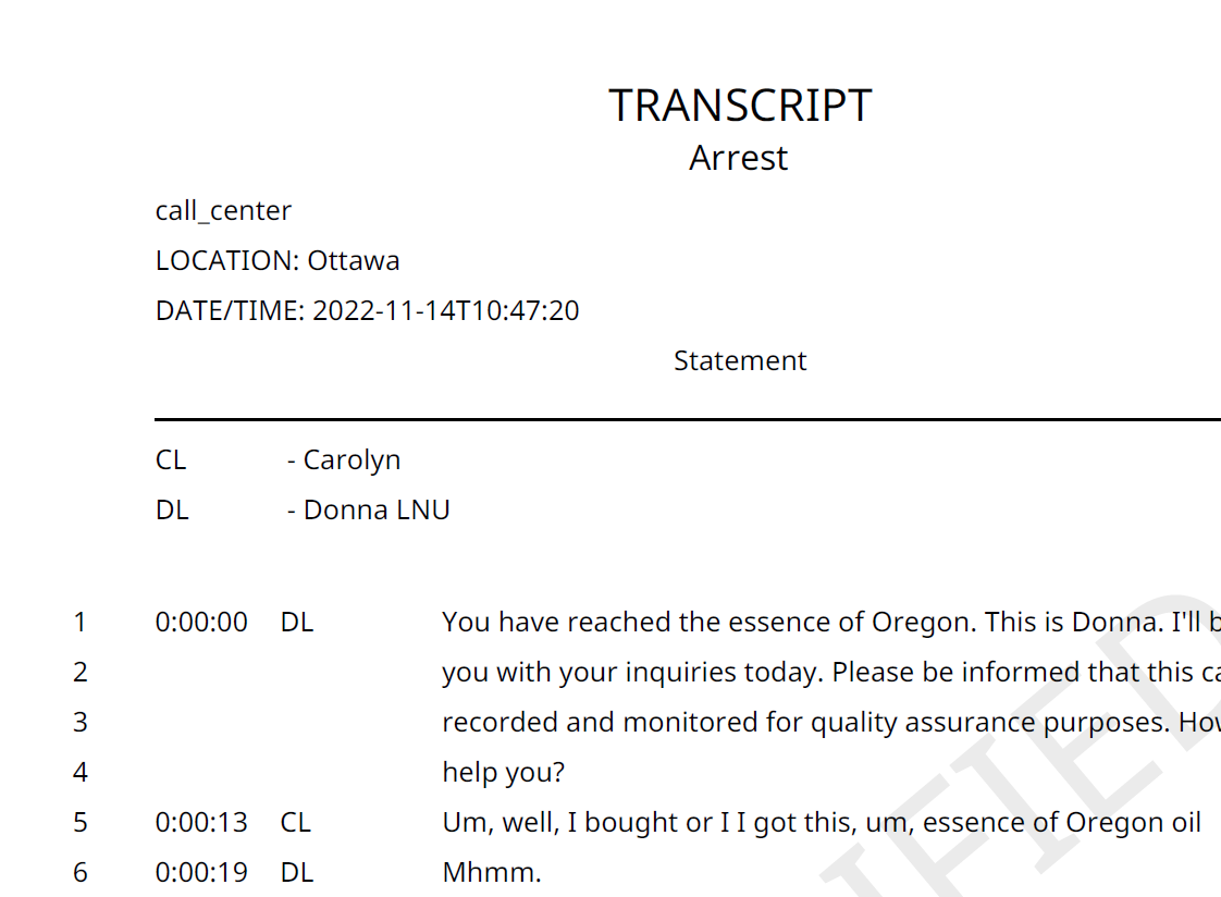 Example of a formatted transcript exported from Tantalum